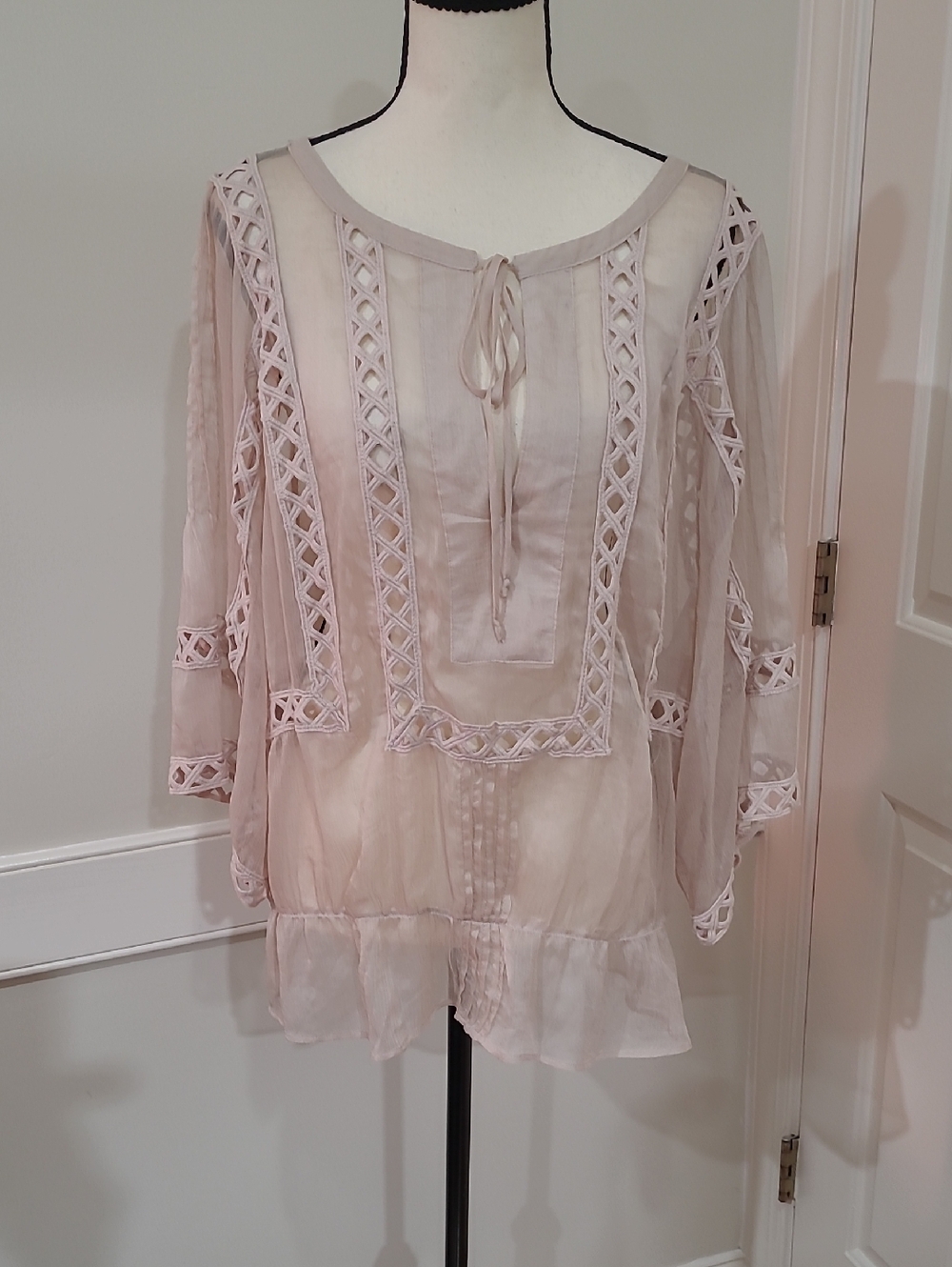 Daniel Rainn Sheer Embroidered Tie-Neck Blouse in Dusty Pink Taupe Color